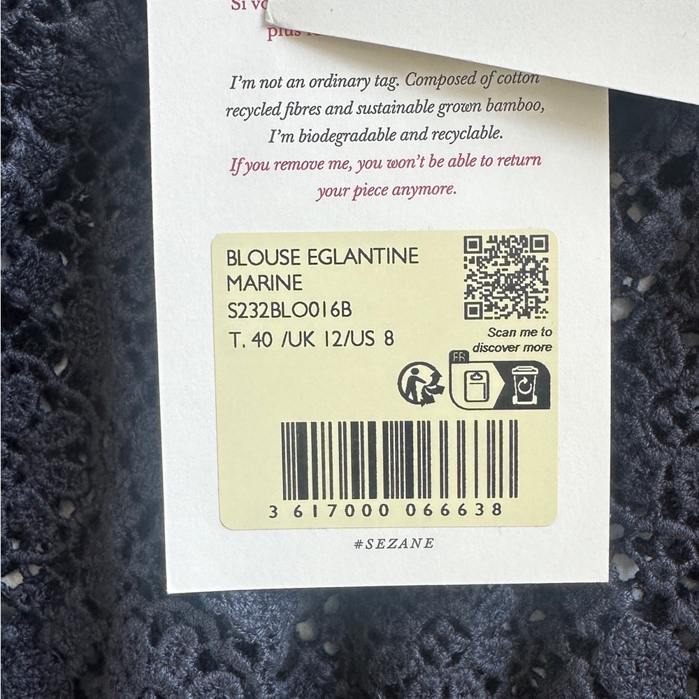 NWT Sezane Eglantine Guipure Blouse in Navy - Picture 11 of 12